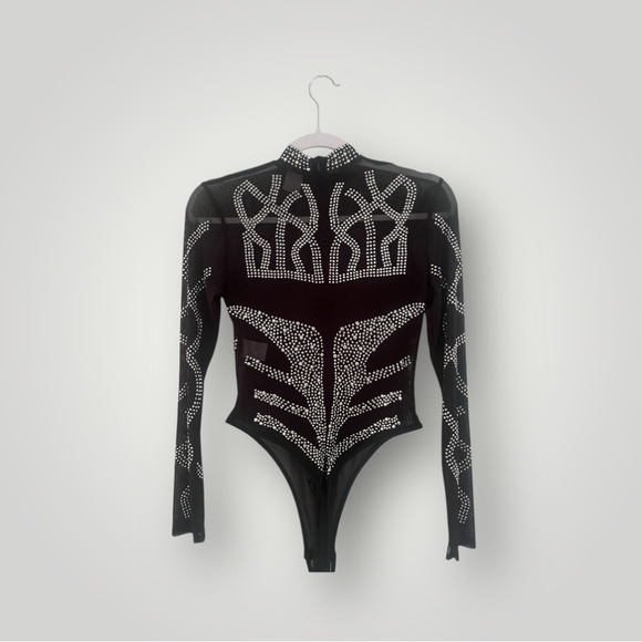 Spirit Sheer Black Ornate Bodysuit with Embellished Silver Studding - Picture 2 of 3